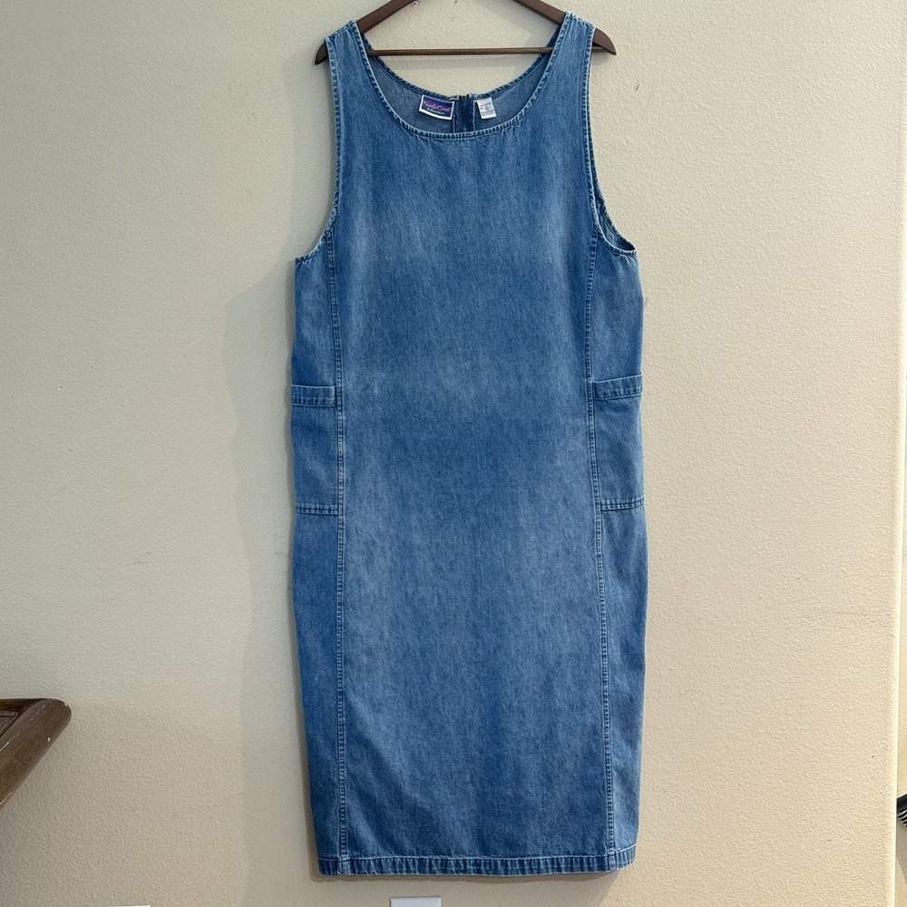 Vintage Denim Jumper Dress Womens XL 18 Teacher Cottagecore Pockets 100% Cotton